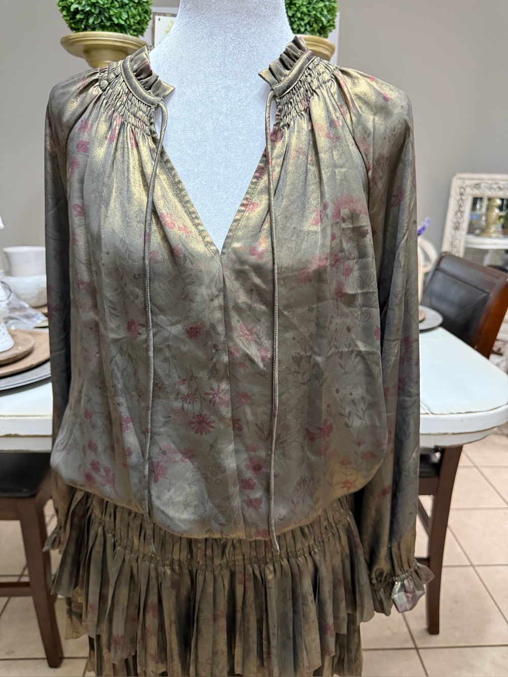 Current Air Olive Green Floral Satin Peasant mini